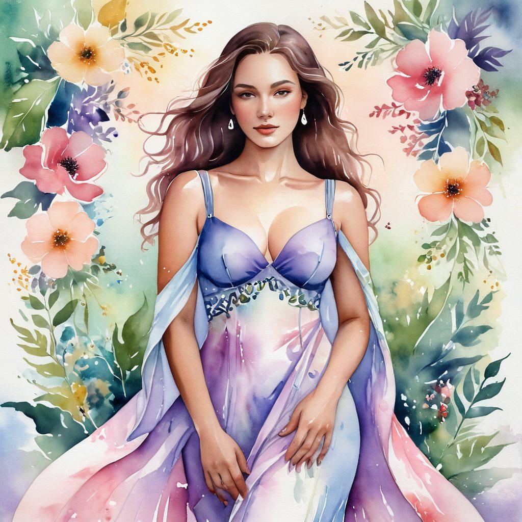 A confident woman embracing her curves, adorned in flowing fabrics that accentuate her form. She stands in a soft, dreamy setting with gentle pastel hues and whimsical floral elements surrounding her, radiating self-love and empowerment. Her pose is both sensual and strong, capturing the essence of femininity. ethereal, watercolor painting, vibrant colors.