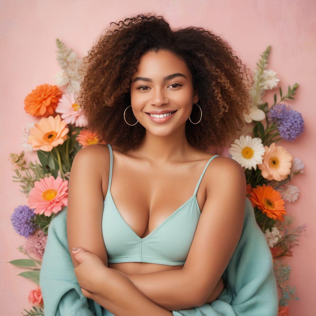 A powerful, confident woman embracing her body in a warm, inviting environment filled with soft, natural light. Surround her with symbols of femininity and empowerment, such as flowers and abstract shapes representing diversity in body shapes. Showcase her smiling, reflecting self-love and positivity. Include calming pastel colors and a touch of whimsical elements to enhance the nurturing aspect. soft pastel colors. vibrant. gentle lighting.